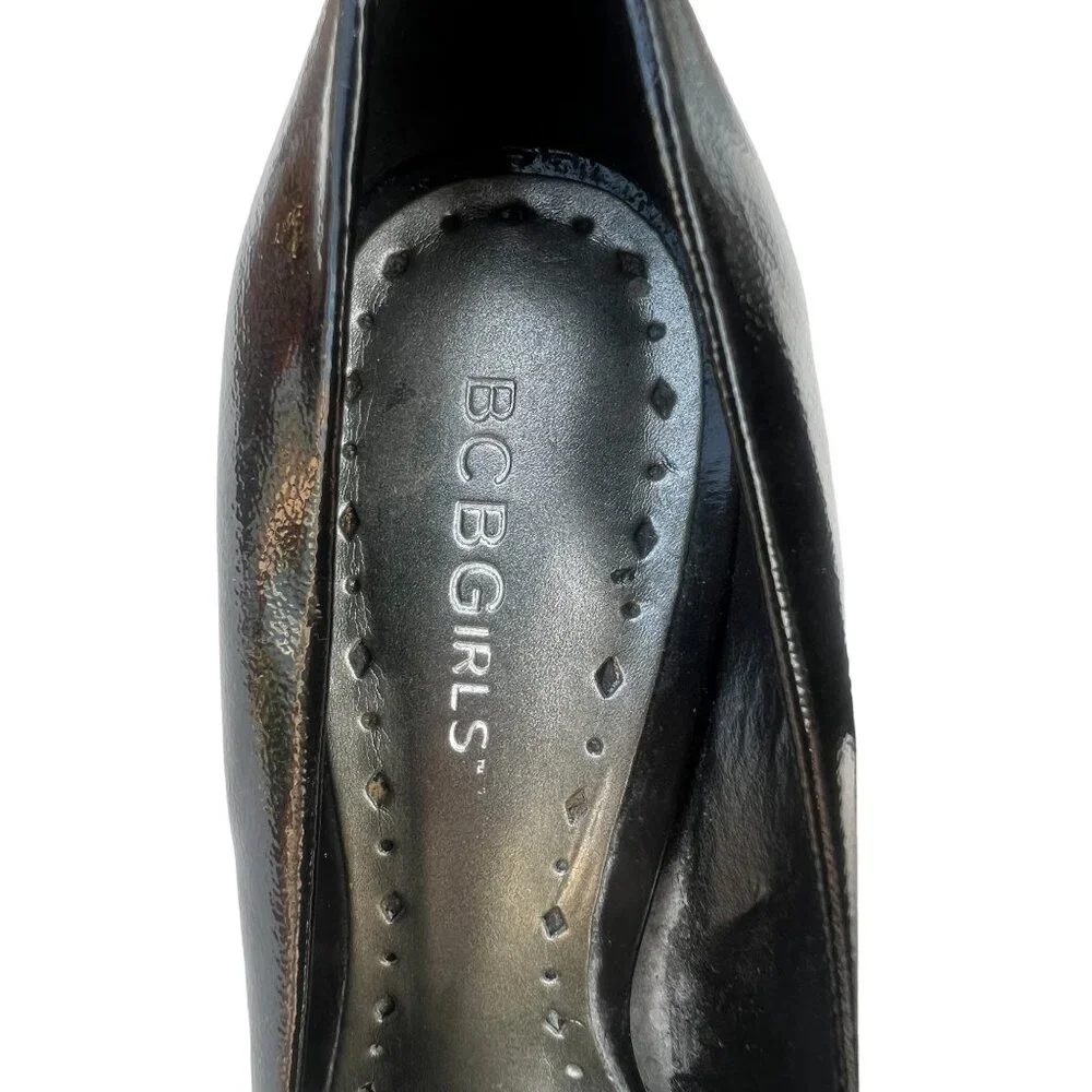 BCBGirls 8.5 M Heels Peep Toe Black Patent Leather Dressy 2